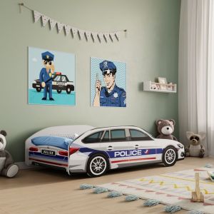 Lit Enfant 70x140 cm - Lit Voiture de Police - Sommier + Protection Anti-Chute - Lit pour Enfant - Structure de lit - Blue