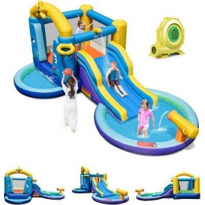GOPLUS Château Gonflable avec SouffleurToboggan et Trampoline Aire de Jeux Piscine à Balles pour 2 Enfants 3-10 Ans Jusqu’à 90KG