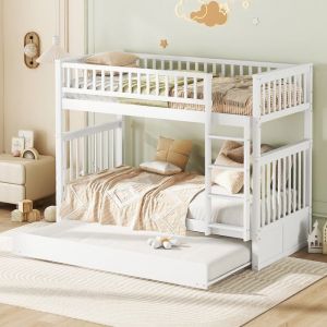 Lit superposé 90 x 200 cm lit enfant lit triple avec lit gigogne hautes rampes et escaliers - blanc