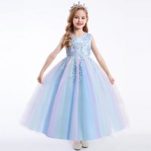 Robe de Soirée de Cérémonie Fille Sans Manches en Tulle Robe Princesse Mariage Pour 4-14 Ans - Bleu