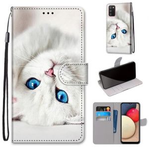 Coque pour Samsung Galaxy A02S Housse de Protection Cuir PU Portefeuille Etui à Rabat Magnétique Support Motif Chat Blanc