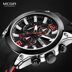 Homme Montre Chronographe Quartz Marque De Luxe MEGIR Silicone Sport Montres Hommes