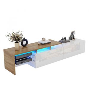 Meuble TV Bas - Meuble Moderne Blanc Laqu&eacute; avec LED et &Eacute;tag&egrave;res en Verre 170x33x335 cm - Blanc