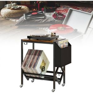Support de Tourne-Disque Metal Noir avec Roues - Rangement pour 80 Vinyles