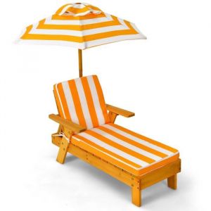 DREAMADE Chaise Longue en Bois avec Coussin et Parasol Amovible Charge 50KG pour Enfant 3-8 Ans 92 x 49 x 106CM Jaune