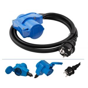 Adaptateur Câble Fiche Schuko Mâle vers Prise CEE Femelle + Prise Schuko Femelle 230V 16A IP44 Câble 1.5m Camping-car Caravane