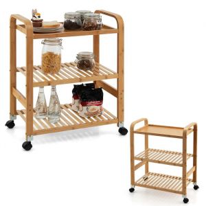 GIANTEX - Desserte de Cuisine en Bambou &agrave; 3 niveaux - Chariot de Rangement Multifonctionnel avec 4 Roulettes - 58x33x76 cm -