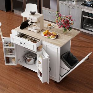 Desserte de cuisine &agrave; roulettes 110&times;40-70&times;90cm Chariot &Icirc;lot de cuisine avec plan de travail extensible compartiment poubelle