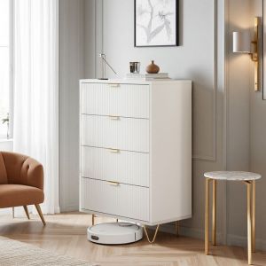 Commode 4 tiroirs blanche L60 x P34 x H91 cm &mdash; pieds acier inox anti-basculement