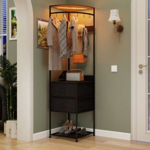 Porte-Manteau d’Angle avec Lumières LED Étagère à Chaussures 2 Tiroirs et 12 Crochets Meuble dEntrée Vestiaire Noir