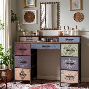 Coiffeuse R&eacute;tro Boh&egrave;me avec 9 Tiroirs Rangement Maximal - Coiffeuse avec Miroir et Tabouret - Coiffeuse Enfant Fille Adulte