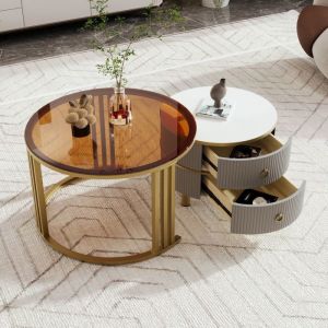 Lot de 2 Table basse ronde Plateau en bois Gris+ plateau en verre marron Avec deux tiroirs Table dappoint de salon 70/50cm