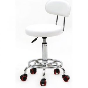 Tabouret &agrave; roulettes en blanc PU avec pied en acier chrom&eacute; dossier - pivotable &agrave; 360&deg; - r&eacute;glable en hauteur