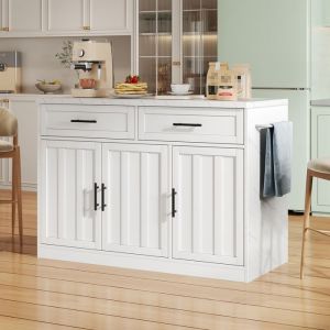 &Icirc;lot de Cuisine avec Prises et Ports USB Cordon Dalimentation de 1.5 m de Long Buffet de Cuisine avec &eacute;tag&egrave;res R&eacute;glables Blanc