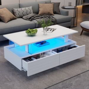 MODFU Table basse blanche avec &eacute;clairage LED et 2 tiroirs 100x50x425 cm acrylique