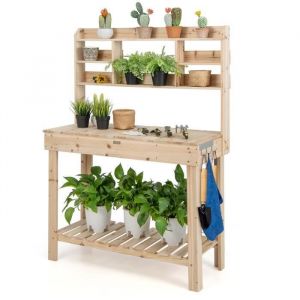 COSTWAY Banc de Rempotage avec 2 Etagères Dessus de Table Ouvrable 3 Crochets Latéraux en Bois Extérieur Charge 150 kg