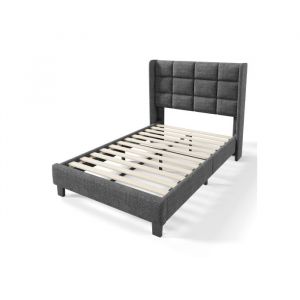 SogesHome STRUCTURE DE LIT DESIGN MODERNE - Tête de lit capitonnée en lin gris anthracite avec lattes en bois robuste 90x200 cm