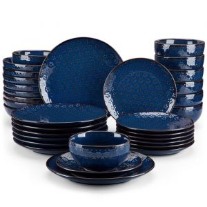 MALACASA LYDIA 32 pièces Service de Table en Porcelaine Terre Cuite émaillée Assiettes et Bols - Bleu de Fleur à Cinq Feuilles