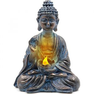 Bouddha de jardin avec lumi&egrave;res LED de lotus statue zen en r&eacute;sine d&eacute;coration cour terrasse rebord de fen&ecirc;tre Label
