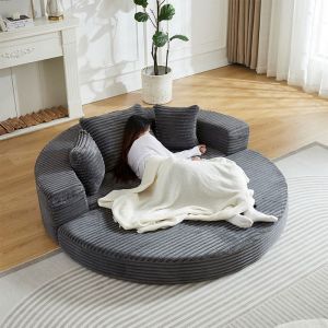 Canap&eacute; Convertible 2-en-1 Cord &ndash; Demi-Rond ou Lit Rond Poches Accoudoirs Mousse Pure Id&eacute;al Petit Espace