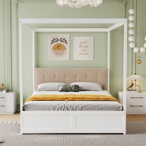 Lit &agrave; baldaquin 140x200 cm avec grands tiroirs et dossier moelleux lit en bois blanc