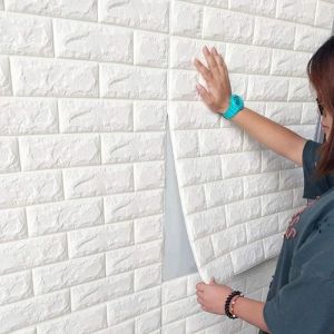 Lot de 10 panneaux muraux 3D autocollants aspect pierre 70 x 77 cmYSTP en mousse PE pour stickers muraux décoratifs blanc