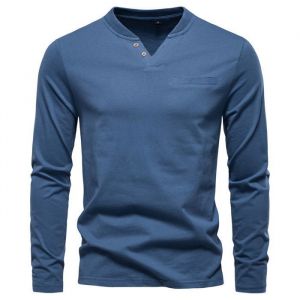 T-Shirt Manches Longues Homme en Coton Col V Casual Tee Shirt Regular Fit Couleur Unie Confortable - Taille EU - Bleu