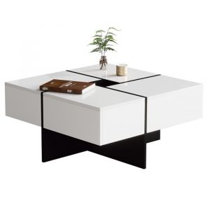 Table Basse Carrée Haute Brillance 70x70x35 Cm - Design Élégant Noir Et Blanc - Boîte De Rangement Intégrée & 4 Tiroirs Robustes