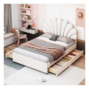 Lit 2 Personnes 140x200 cm avec T&ecirc;Te de Lit en Velours Cadre de Lit avec Sommier &agrave; Lattes Lit Double avec Rangements Beige