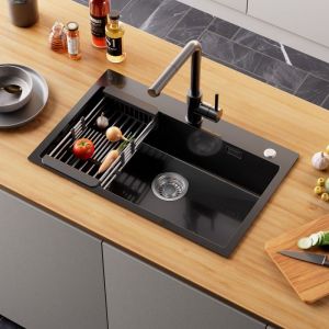Évier de Cuisine en Inox 70x45CM - Évier 1 Bac Gris foncé avec Panier égouttoir réglable - pour Armoire de 80 cm