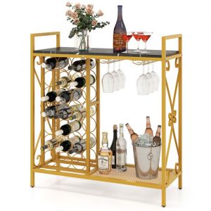 COSTWAY Casier à Vin sur Pied pour 21 Bouteilles Meuble Bouteilles avec Porte-Verres Plan de Travail Noir en Bois Cadre en Métal