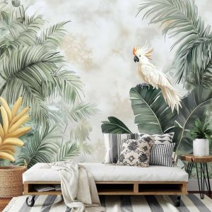 Papier Peint Panoramique Aquarelle Jungle 3D Feuilles De Bananier Oiseau Soie Fresque Murale 350x256cm (L&times;H) pour Salon Chambre