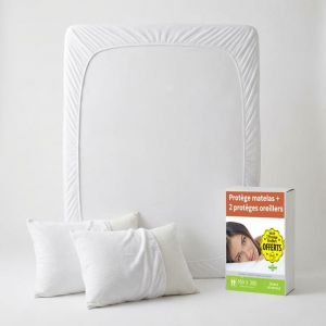 Sweetnight - Lot Prot&egrave;ge-Matelas 160x200 + 2 Prot&egrave;ge-Oreillers 65x65 - Bouclette &Eacute;ponge Coton Absorbante - Forme Drap Housse