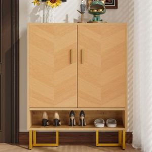 Meuble &agrave; chaussures 2 portes petit meuble &agrave; chaussures en bois buffet bas &eacute;tag&egrave;re ouverte pieds en m&eacute;tal pour couloir entr&eacute;e