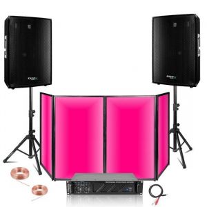 PACK SONO DJ 2 ENCEINTES 1400W TOTALE + AMPLI 1600W + 2 PIEDS ENCEINTES + 1 FAÇADE DJ DE 2M80 - PA DJ SONO MIX idéal soirée