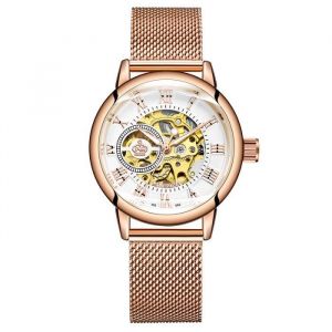 Montre femme mécanique automatique analogique pour dammes cadran squelette bracelet maille tressée en acier inoxydable