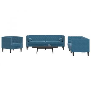 vidaXL Ensemble de canapé Chesterfield et traversins 3pcs bleu velours canapé siège de canapé canapé relax canapé 3209289