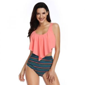 Maillots de Bain Femmes 2 Pieces à Volants Vintage Taille Haute Plage Floral Slim Bikini Set Orange électrique