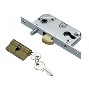 Serrure &agrave; crochet pour porte ou portail coulissant - Axe du cylindre &agrave; 27mm de la t&ecirc;ti&egrave;re