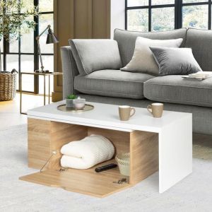 IDMARKET Table basse rotative bois et blanc 360° LIZZI extensible avec coffre