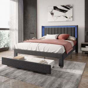 Lit adulte rembourré 160x200 cm tiroir Lit double avec tête de lit LED et prise USB Lin - Gris foncé