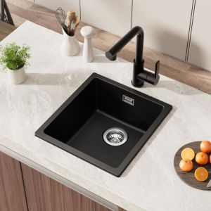 Évier 1 Bac 40x44x20CM Évier de Cuisine Noir en Granit avec Ensemble de Drainage Évier sous plan pour Armoire de 40 cm