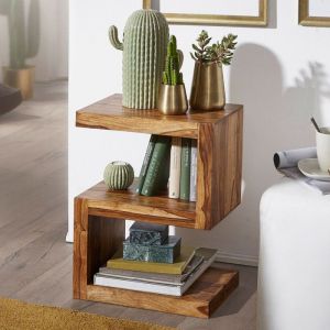 WOHNLING Table en bois massif Sheesham S Cube vie 60cm chambre haute table design table basse de style campagnard brun