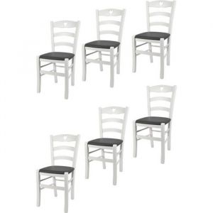 Tommychairs - Set 6 chaises cuisine CUORE, structure en bois de hêtre laqué en blanc et assise en cuir artificiel gris foncé