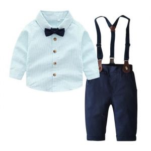 2Pcs B&eacute;b&eacute; Gar&ccedil;on Ensemble de Costume en Coton &Agrave; rayure Manches Longues Doux - Bleu