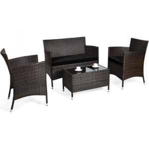 GYMAX Lot de 4 Ensemble de Salons de Jardin en Rotin Osier Canap&eacute; dExt&eacute;rieur avec 1 Table et 2 Chaises pour Jardin Terrasse