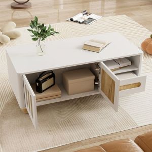 Table basse moderne avec 4 portes 2 tiroirs et compartiment ouvert éclairage LED Coins arrondis pieds de table sphériques Blanc