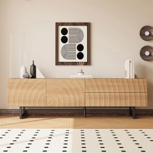 Meuble TV moderne 180 cm avec portes &agrave; texture 3D rangement mixte style scandinave