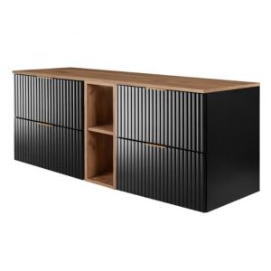 RODAN Meuble pour Vasque à Poser 140 cm - avec plan de travail et étagère - FLOW façade rainurée - noir - 1406 x 16 x 465 cm
