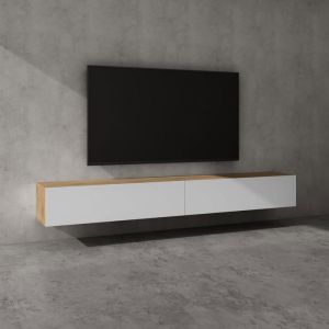 Sogood Meuble TV Bas 240 cm Armoire TV Marron Clair + Blanc Mat Table de Télévision Salon avec Portes Meuble TV Suspendu MBTV02